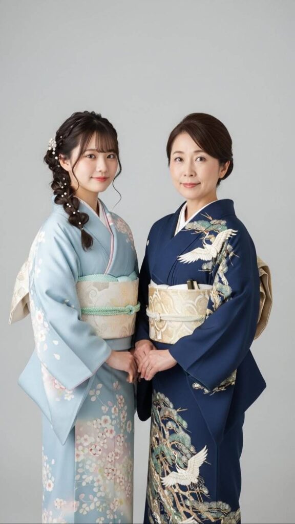 娘が振袖、母が訪問着の画像